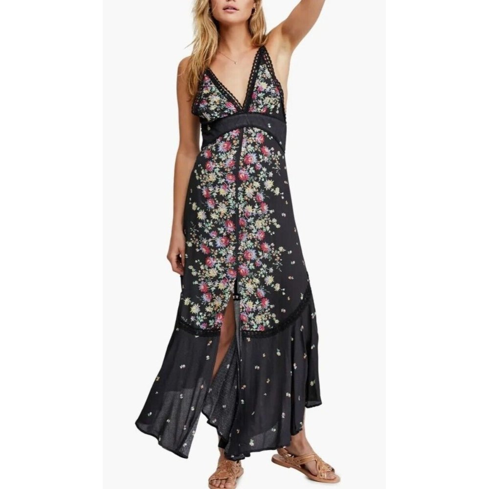 Free People Paradise Maxi Slip Dress Floral Black Lace Trim Sz Med NWOT
